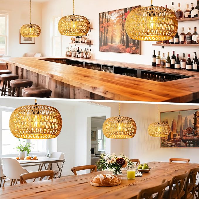 Hanging Light Ceiling Lamp Pendant Lights Rattan Hanging Lamp with Plug in Cord for Living Room Bedroom Kitchen Indoor Hanging Lamp Plug in Woven Lampshade