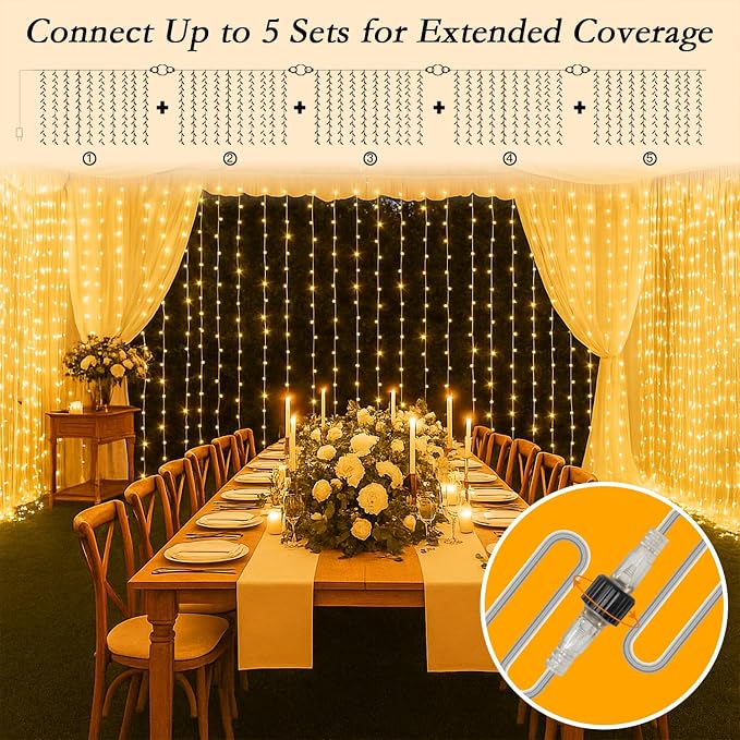 200 LED Warm White Curtain String Lights 9.8x6.6FT, Plug in Fairy Lights with 9 Hooks, Dimmable, Timer & 8 Modes, IP44 Waterproof, Bedroom Wall Wedding Party Christmas Indoor Outdoor Decor