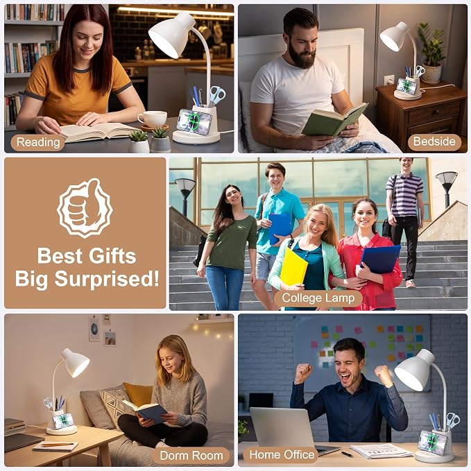 10W Wireless Charging LED Desk Lamp with Pen Holder, CRI 95, White | 800LM, 3 Modes, 360°Flexible Arm, Touch, Brightness, Table Lamp for Home Office, Dorm, Bedside, Study, Reading, with Adapter
