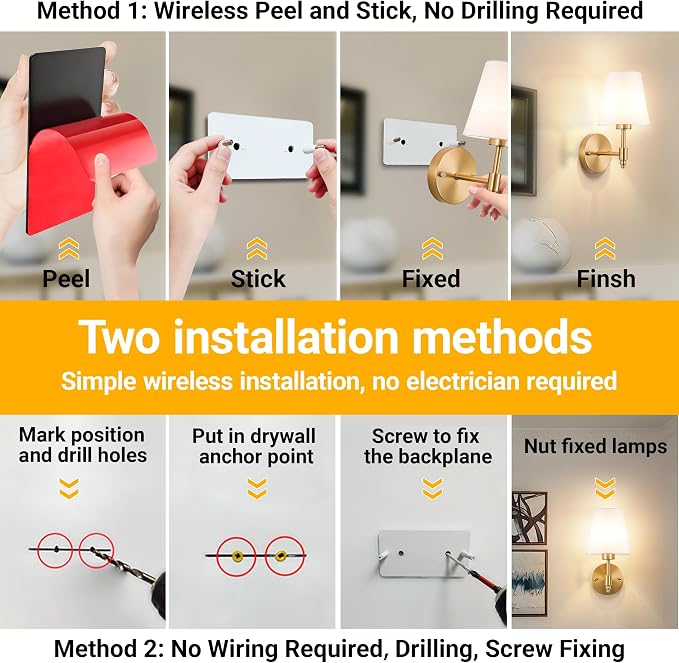 Vimhou Peel and Stick Wall Sconces, Stick On Wall Sconce Set of 2, Battery Operated Wireless Wall Light, No Drill Adhesive Wall Lamp, Corn Bulb with 10000mAh Rechargeable Battery, Bedroom Wall Decor