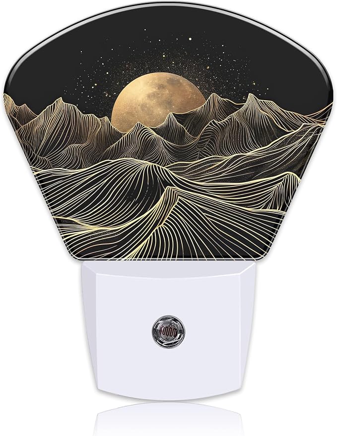 Black Gold Mountain Night Light Golden Moon Nightlight Plug into Wall with Dusk to Dawn Sensor for Kid Girls Boys Women Men Room, Hallway, Kitchen, Bathroom, Stairs Decor