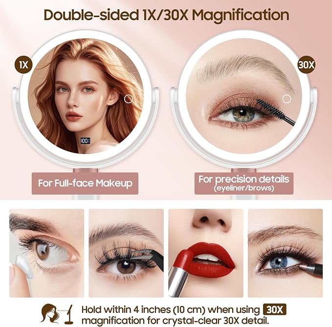 Makeup Magnifying Mirror with Light 30X/1X, Digital Display, 2-Sided Touch Control, Makeup Mirror with 3 Color Lights,360° Rotate, Height Adjustable Lighted Magnifying Mirrors for Desk Travel