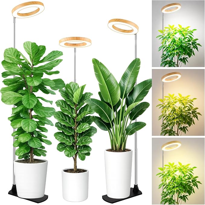Grow Lights for Indoor Plants, 6.3" Full Spectrum Plant Light with Base | Bamboo Grain, 65" Adjustable for Indoor Garden Tall Large Plants, 6/8/12/16H Auto Timer, 3 Light Colors, 5 Brightness, 3 Pack