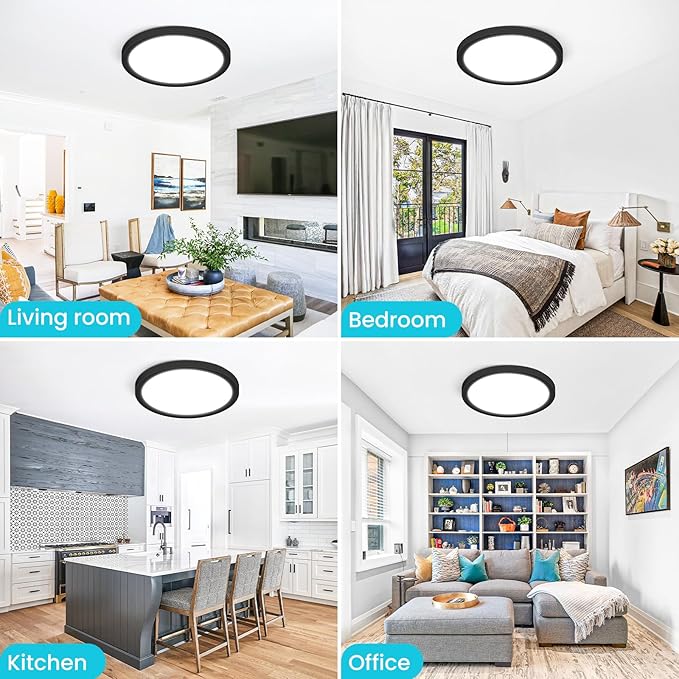 libtit 16" Black LED Ceiling Lights, 36W 3600lm, 3 Color Temps 3000K/4000K/6500K, Large Flush Mount Fixture for Kitchen, Hallway, Bedroom, Living Room, 120V ETL Listed, 1Pack
