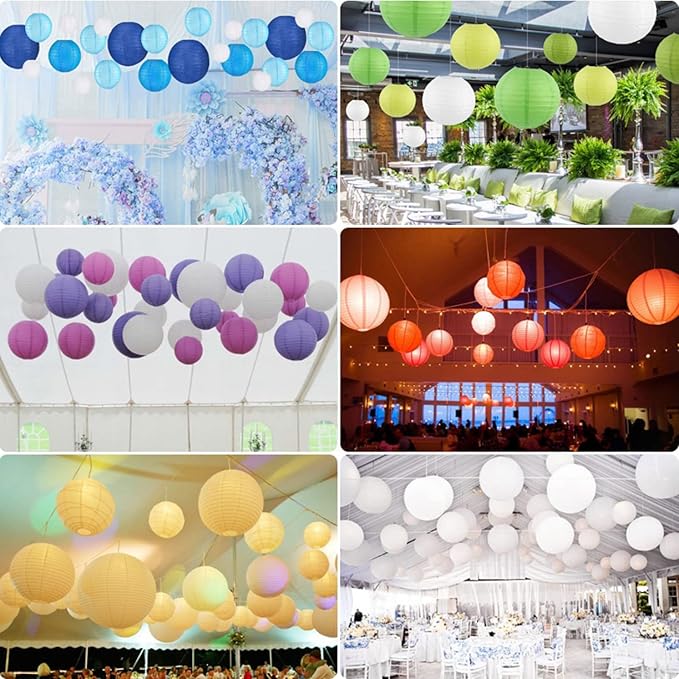 12 Pcs Red Paper Lanterns with 12 Pcs White LED Lights, 6" 8" 10" 12" Round Hanging Ball Lantern for Christmas Valentine's Day 4th of July Party