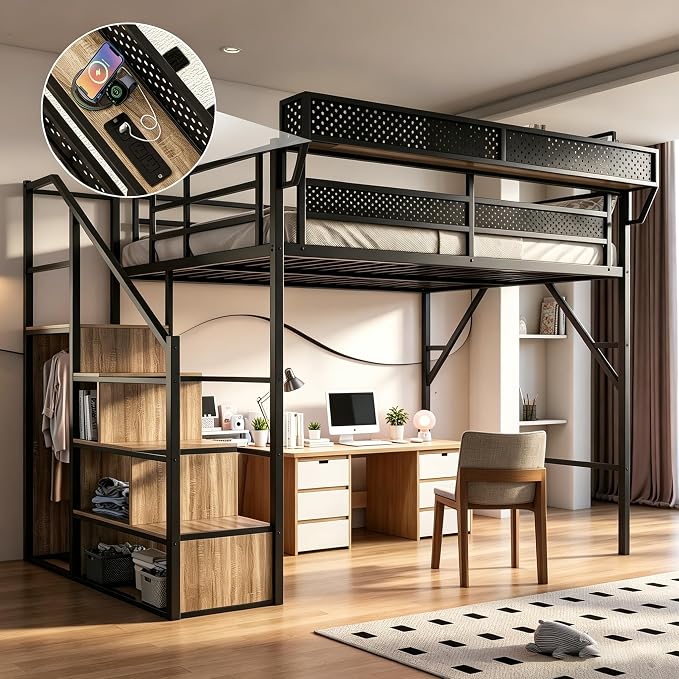 Queen Size Metal Loft Bed with Reversible Stairs and LED & USB Port | Storage Shelf, Reversible Storage Stairs with Wardrobe, LED Lights,USB Charging Port,Sturdy Noise-Free Design,Large Under Bed