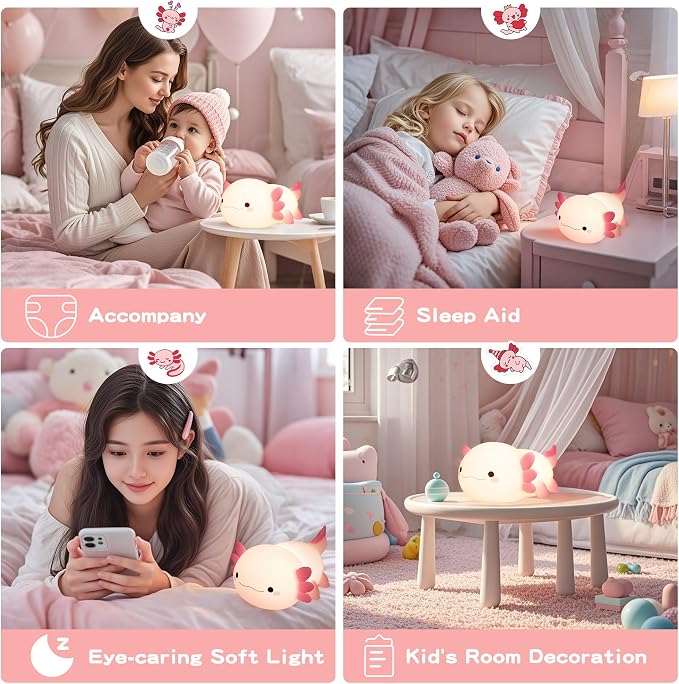 FAMIDUO Pink Axolotl Lamp, Food-Grade Silicone Squishy Night Light for Kids | 2-Level Touch Dimmable ,20-Min Auto-off Timer, Rechargeable Anti-Blue Warm Glow Nursery Bedside Decor, Cute Gifts for Girls