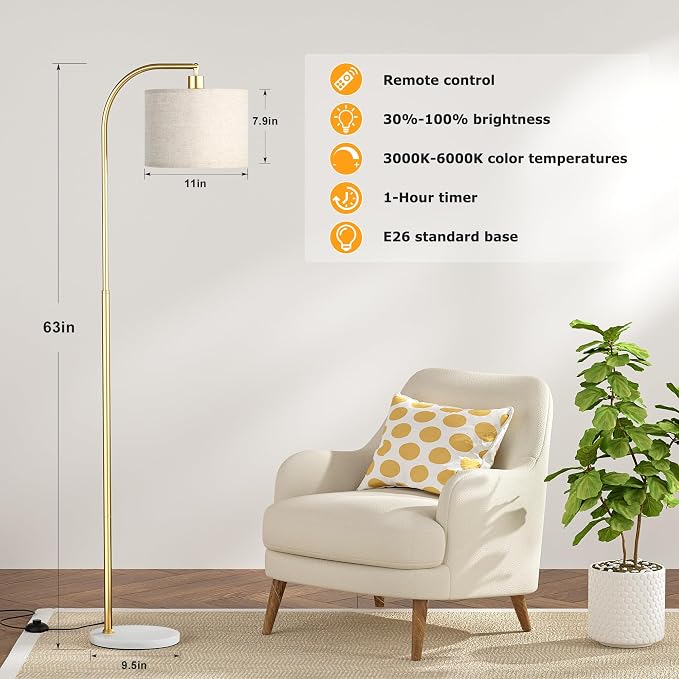Arc Floor Lamp with Remote and Stepless Dimmable Bulb, Colors Temperature & Brightness Adjustable, Gold Pole & Marble Base