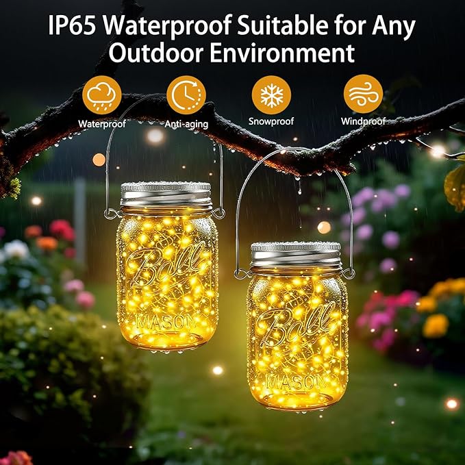 Mason Jar Solar Lights for Outside, 12 Pack 30 LED(NO JARS) Fairy Firefly Lights Mason Jar Solar Lids Outdoor Waterproof String Lights with Hangers for Patio Garden Yard Lawn Decor - Warm White