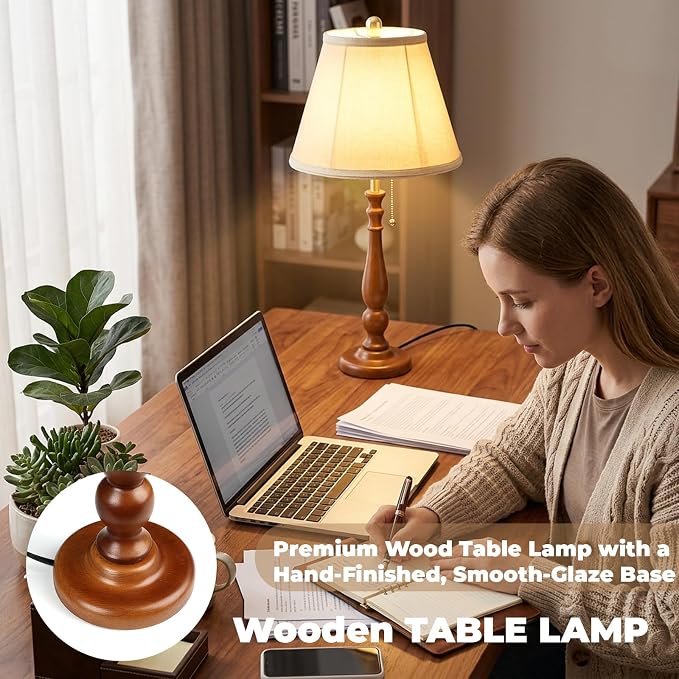 LALISU Farmhouse Table Lamps Rustic Bedroom Lamps for Living Room, 24.41" Boho Bedside Lamp with Chain Switch for Night Stands End Table Office Desk Lamp Nightstand with Linen Shades (Walnut)