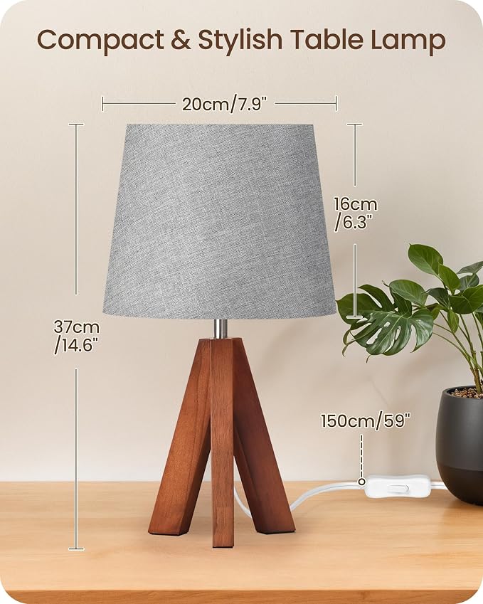 Tripod Table Lamp, 14.6" Small Bedside Lamp with Gray Linen Shade & Dark Wood Base, Modern Nightstand Lamp for Bedroom, Kids Room, Living Room, Nursery, Office, E26 Socket, LH51TL05
