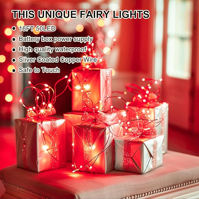 Red Fairy Lights Battery Operated (Included), 8 Modes & Auto Timer, 16FT 50Led Mini Twinkle Silver Wire Firefly Starry Lights, Waterproof Battery Operated Lights for Mason Jars Party Bedroom