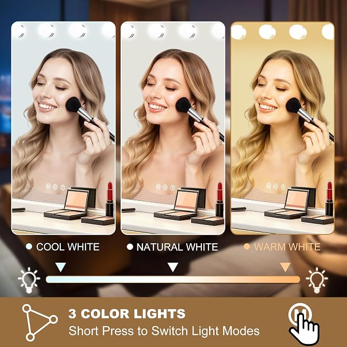 Ratsamee Hollywood Vanity Mirror with Lights, 17 Dimmable Bulbs, 3 Color Lights,Make Up Lighted Mirror, Aluminum Metal Frame, USB Charging Port（28" x 20"）
