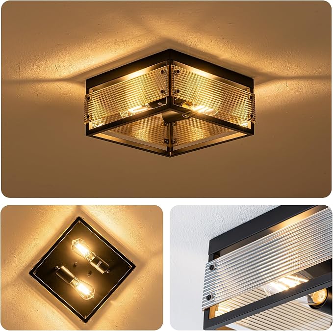 MAYNA 2-Light Square Industrial Flush Mount Ceiling Light, Black Metal Hallway Light Fixture with LED Bulb, Modern Ceiling Light for Bedroom Kitchen Entryway Dining Room