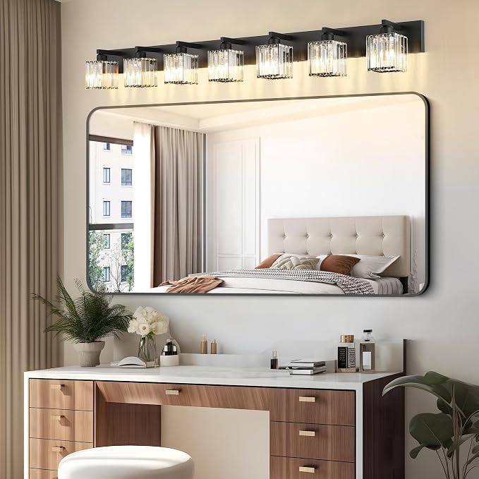 Aipsun Black Vanity Light Crystal Bathroom Lighting Fixtures Modern Bathroom Vanity Light 7 Light (Exclude Bulb)