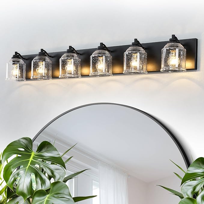 Vanity Lights for Bathroom Large 48 inch, Farmhouse Rustic Vanity Light with Bubble Glass Shades, Black 6 Light Bathroom Lighting Fixtures Over Mirror, Bath Wall Sconce Home Decor