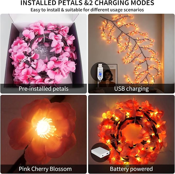 FNHMSL 4FT 48LED Cherry Enchanted Willow Vine Lights for Christmas Bedroom | Pink Cherry Blossom Tree Branch Lights for Wall, Remote Timer,8 Light Model,Bedroom Wall Doors Wedding with USB Battery Box
