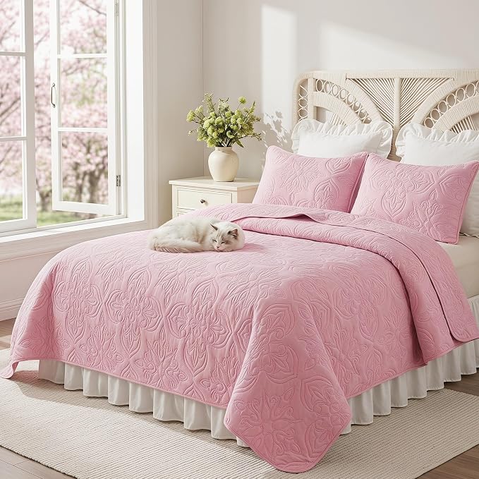 Whale Flotilla Twin Quilt Bedding Set Vintage Damask Reversible Bedspread | Suitable for Bed, 2 Pieces Pink Lightweight Breathable Quilts Twin Size, Ultrasonic Coverlet Bed Cover with 1 Pillow Sham