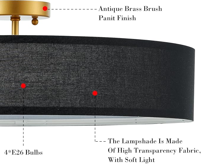 VILUXY Black and Gold Semi Flush Mount Ceiling Light Fixture, 24’’ Large Modern Ceiling Light with Linen Fabric Shade 5-Light Drum Ceiling Lamp for Bedroom Living Dining Room Enteyway