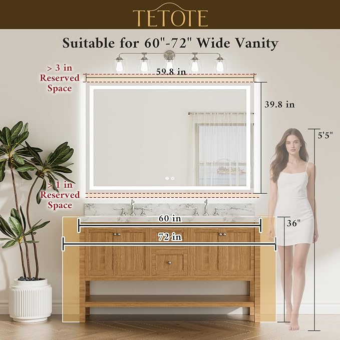 60 x 40 LED Lighted Bathroom Mirror with Lights, Brighter Frontlit and Backlit Led Mirror for Bathroom Wall, Light up Vanity Anti Fog Mirror, 3-Color Dimmable, Waterproof, Tempered Glass