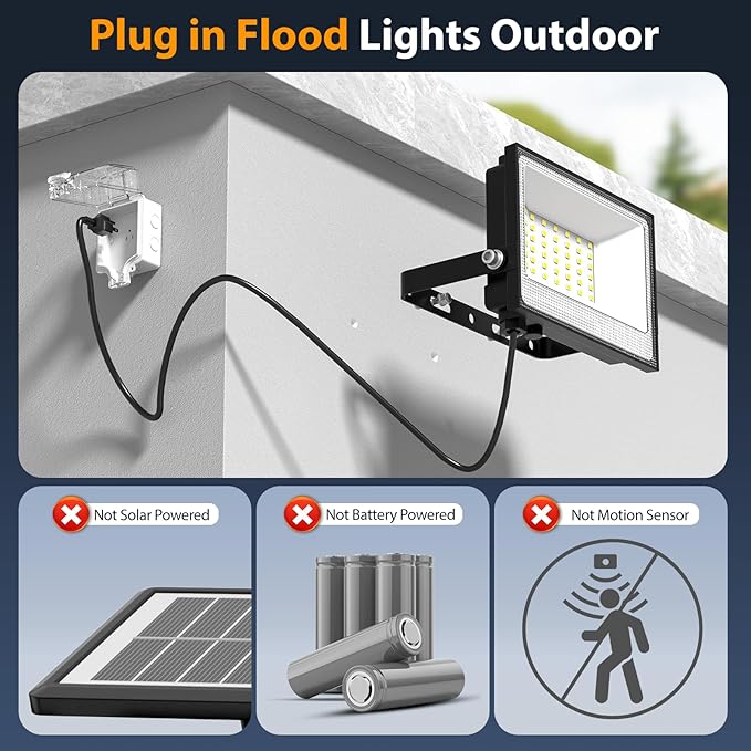 Onforu 40W Flood Lights Outdoor,4000lm Bright LED Work Light with Plug,Daylight White LED Flood Lighting, IP66 Waterproof Security Yard Lights for Garage Stadium 2 Pack