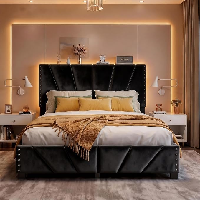 EnHomee Queen Bed Frame with LED Lights & USB, Noise-Free, Black | Adjustable Velvet Headboard，Under-Bed Storage，Heavy Duty Support with 12 Slats，No Box Spring Needed，Easy Assembly for Bedroom