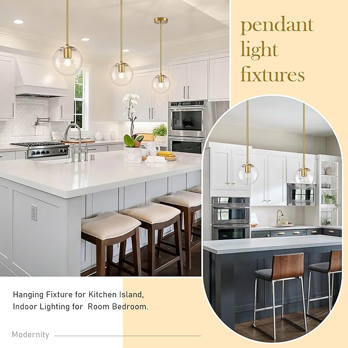 6" Globe Pendant Light Gold 2 Pack Mid Century Pendant Light Globe Pendant Lights Kitchen Island Brushed Brass Finished with Clear Glass Adjustable Ceiling Light Fixtures for Dining Room Bar
