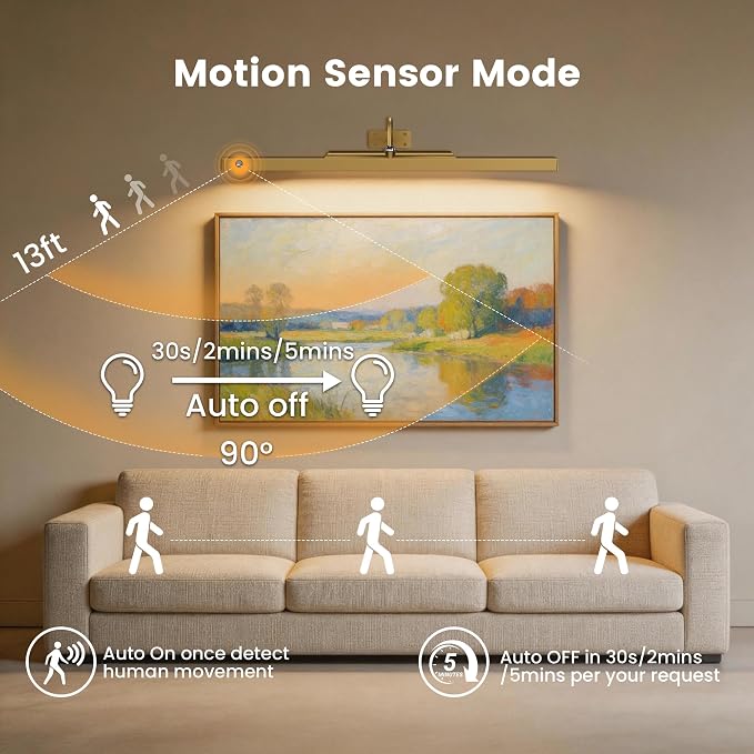 Rechargeable Motion Sensor Picture Light for Wall, 24 Inch, Brass, 2 Pack | 6000mAh Battery, Cordless, Magnetic Detachable Bar, Rechargeable, Remote Control, 3CCT Dimmable, for Artworks/Photos