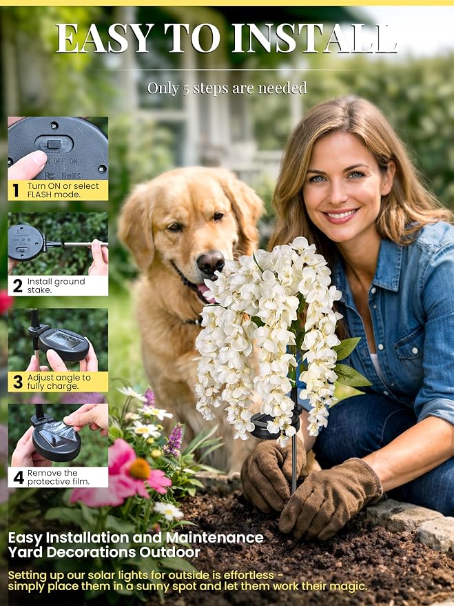 GIGALUMI 2 Pack Solar Wisteria Flowers Outdoor, 2 Modes, White | Flower Lights, IP65 Waterproof, Auto On/Off, Solar Powered, Garden Decor, for Pathway, Yard, Patio, Gardening Gifts for Women