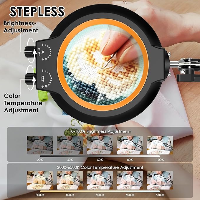 12X Magnifying Glass with Light and Stand Hands Free, Long Swing Arm Desk Magnifying Light with Clamp for Close Work, Dimmable Lighted Magnifier Lamp for Soldering Craft Jewelry Bench Sewing