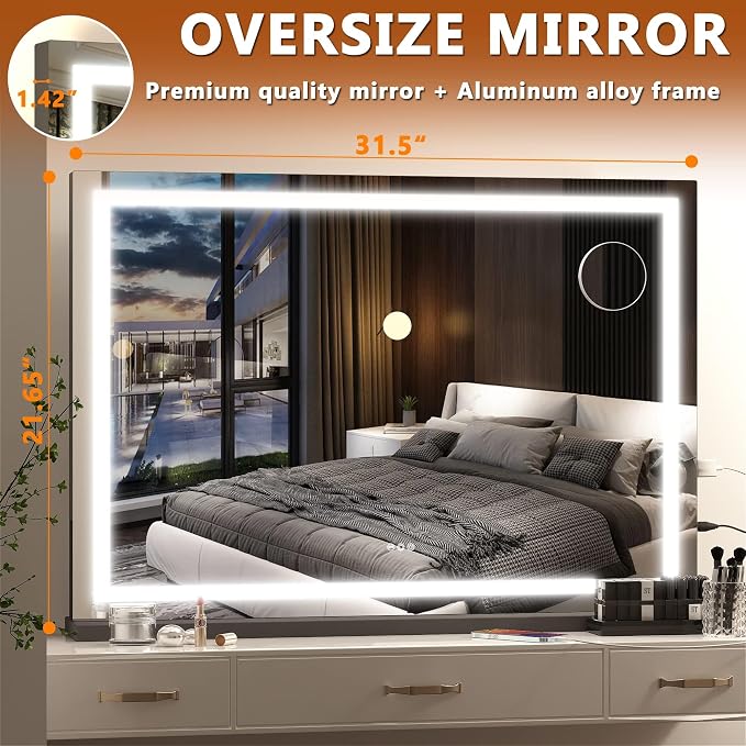 Hasipu Vanity Mirror with Lights, 32" x 22.4" LED Makeup Mirror, Lighted Makeup Mirror with Dimmable 3 Modes