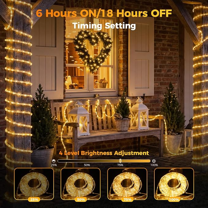 Connectable 50ft 300LED Rope Lights Plug in for Outdoor Indoor | End to End Tube Lights IP65 Waterproof with 8 Modes Remote Timer for Patio Backyards Garden Porch Pool Tree Decor, Warm White