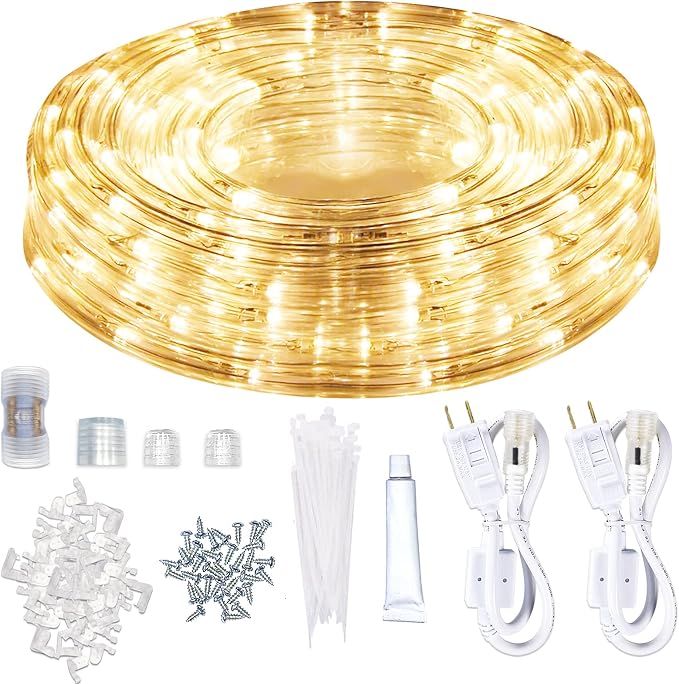 LED Rope Lights Outdoor Warm White, Waterproof 50FT Cuttable 3000K Lighting Indoor 110V Connectable Flexible Electric Lights for Christmas Trees Bedroom Outside Patio Decor, Not Flat Strip