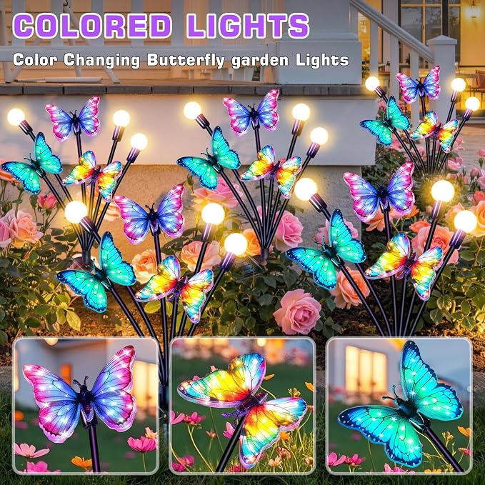 Solar Garden Lights Outdoor, Butterfly Firefly Lights 4 Pack, Waterproof | 3 Dynamic Fluttering Butterfly & 3 Firefly, Solar Garden Decor For Yard, Patio, Lawn, Gifts For Mom Women