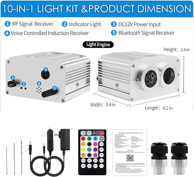 16W Twinkle Dual Head Fiber Optic Light Box, Bluetooth App/RF Remote Control for Starlight Headliner, Car Plug & Power Adapter, PG Connector & 3 Drill Bits