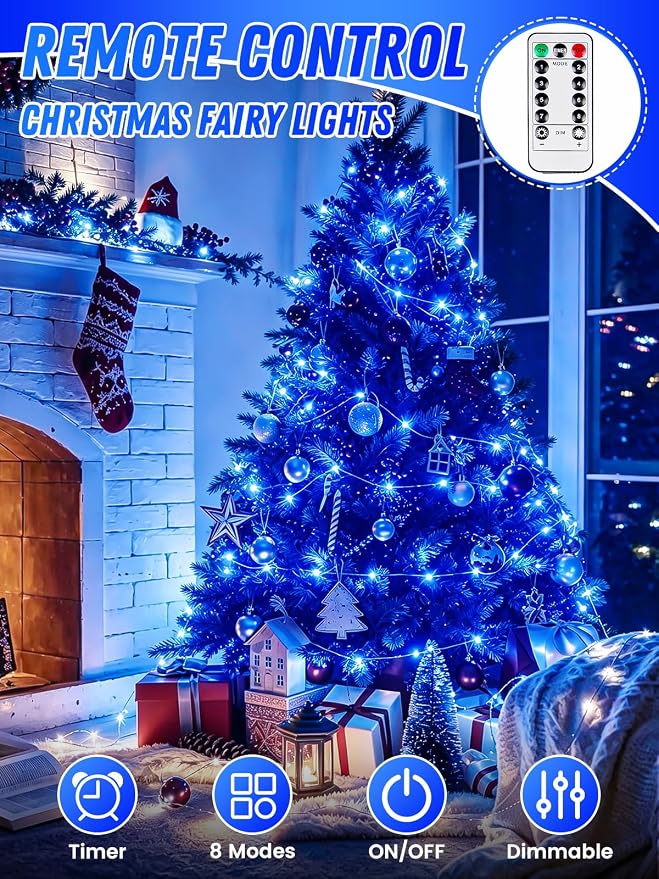 2 Pack 100 LED Fairy Lights Battery Operated with Remote Timer, 33 FT Blue | Cuttable, 8 Modes, Memory, Dimmable, IP44 Waterproof Battery String Lights for Indoor Outdoor, Wedding, Christmas Decorations