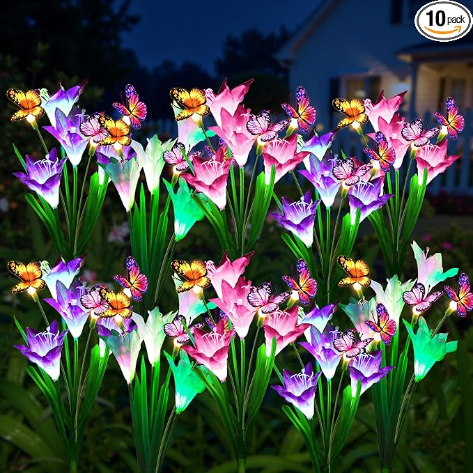 KOOPER Solar Lights Outdoor Garden Decor 10 Pack, 40 Lily Flowers and 30 Swaying Butterflies, IP65 Waterproof 7 Color Changing Solar Flower Lights for Yard Patio Pathway, Gifts for Mom Women Grandma