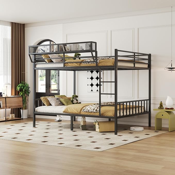 Queen Over Queen Metal Bunk Bed with Storage Shelf & USB Charging | Open Storage Shelf,2 AC Outlets,2 USB Ports,Full-Length Guardrail for Boys&Girls,Noise-Free & Stable,No Box Spring Needed