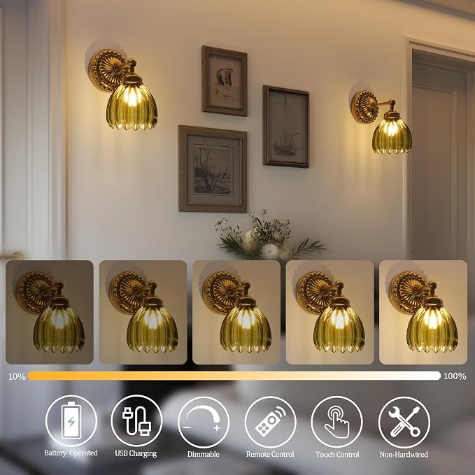 Battery Operated Wall Sconce, Vintage Wall Light, 2 Pack, Green Tulip Glass | Gold Metal Base, 5200mAh Rechargeable, Dimmable LED, Remote Control, Cordless, Bedside, Bedroom, Doorway, Living Room