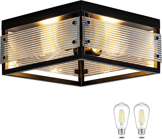 MAYNA 2-Light Square Industrial Flush Mount Ceiling Light, Black Metal Hallway Light Fixture with LED Bulb, Modern Ceiling Light for Bedroom Kitchen Entryway Dining Room