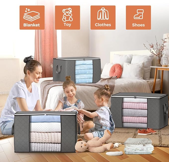 90L Large Storage Bags, 10 Pack Clothes Storage Bins Closet Organizers | Foldable Storage Containers, with Reinforced Handle, for Clothing, Blanket, Comforters, Bed Sheets, Pillows and Toys