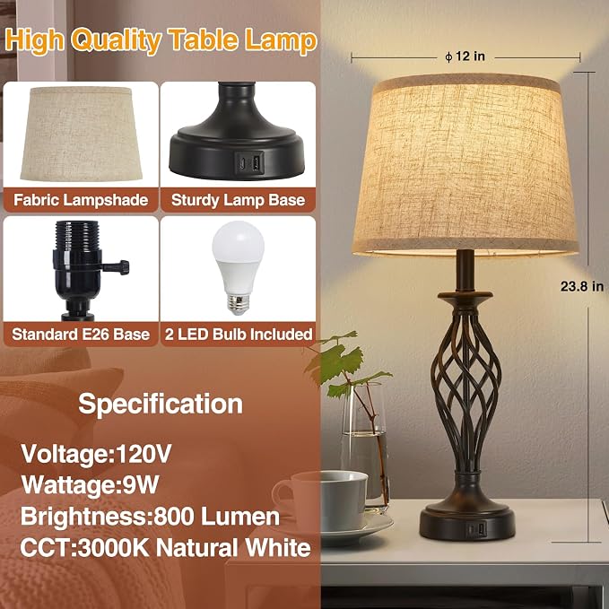 Table Lamp for Bedroom Set of 2 with USB C+A Ports, Modern Bedside Lamps with Spiral Cage Base, Fabric Shade, Nightstand Lamp for Living Room Reading Bed Side End Table, 2 LED Bulbs Included Black