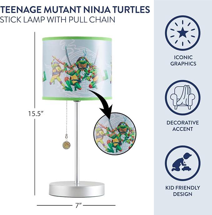Teenage Mutant Ninja Turtle: Mutant Mayhem Stick Table Kids Lamp with Pull Chain, Themed Printed Decorative Shade