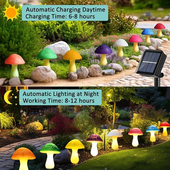 Solar Garden Decor Lights 8 Crack Mushrooms Outdoor Decor Stake Lights, Waterproof Solar Pathway Light Gardening Gifts for Garden Gnomes Backyard Flower Bed Christmas Decorations