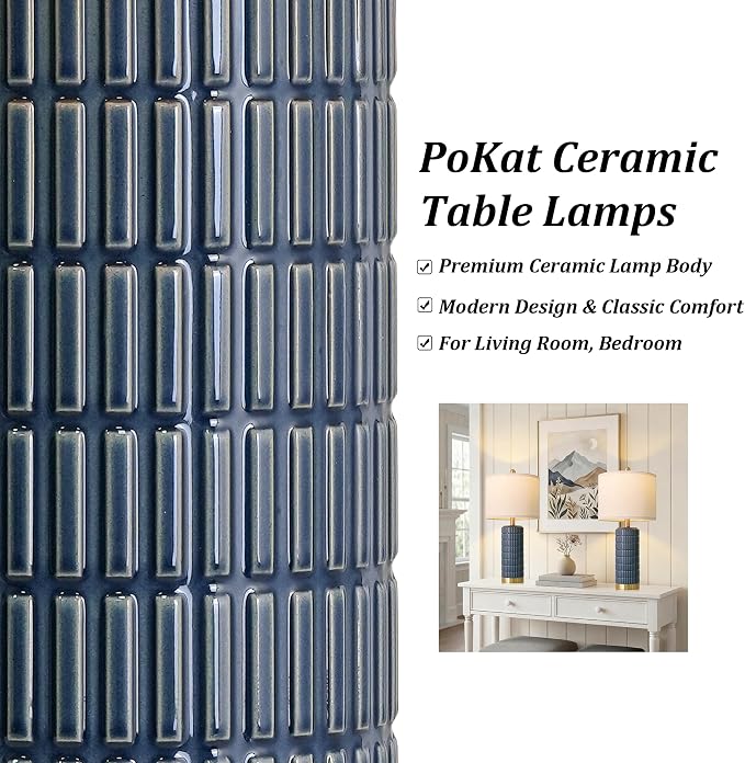 PoKat 25'' Blue Table Lamps for Bedroom Living Room Set of 2, Modern Ceramic Bedside Lamps with Gold Base for Office Sideboard Entryway Side End Table Nightstand Desk Lamps Home Gift (Dark Blue)