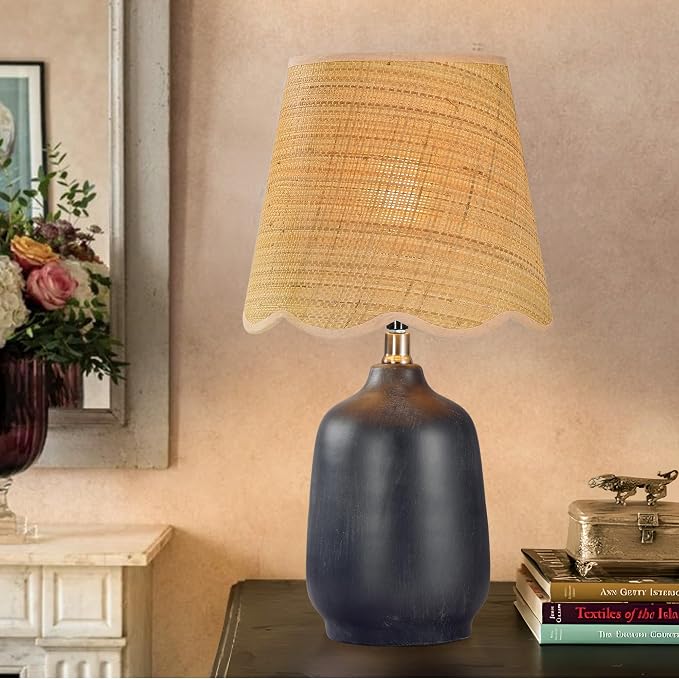 Set of 2 19" Modern Ceramic Table Lamp for Living Room Cream Base Desk Lamps for Bedroom Farmhouse Bedside Nightstand Lamp End Table Lamps,Black,Rattan Shade