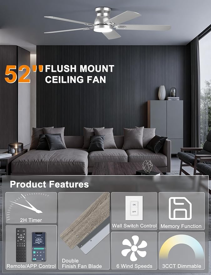 Ohniyou 52'' Silver Low Profile Ceiling Fan with Lights, Remote/APP Control | Flush Mount, Dimmable 3CCT LED, Quiet Reversible DC Motor; Memory Function, 5475 CFM, for Bedroom Living Room Kitchen