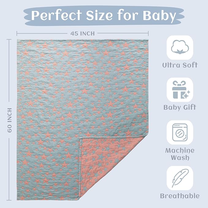 NTBAY 3 Layer Oversized Muslin Toddler Blanket, 45 x 60, Red and Blue Star | Muslin Cotton Outer Layers with Light Thermal Fiber Fill, Reversible Blanket for Daycare, Travel, Naps, and Supervised Use