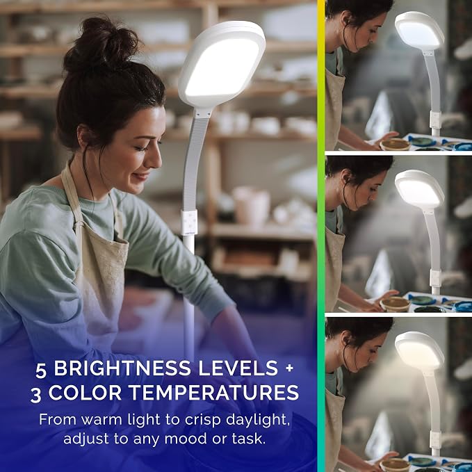 Verilux SmartLight Full Spectrum LED Modern Floor Lamp with Adjustable Brightness, Flexible Gooseneck and Easy Controls - Reduces Eye Strain and Fatigue - Ideal for Reading, Artists, Craft (White)