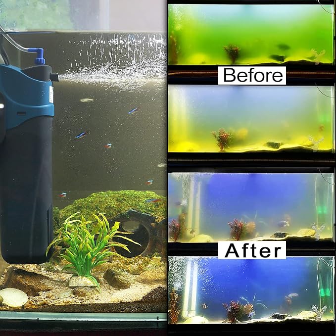 COOSPIDER Aquarium Filter with 5W U-V Light JUP-02 132GPH for 20-60 Gallon | Submersible Fish Tank Filter with 5W Water Pump for Green Clean, Turtle Tank, Oxygen Supply, Deodorization, Water Cycle